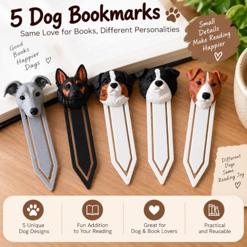 Image of 5 Pack Cute Dog Bookmarks Set, Durable Clip Style Page Markers
