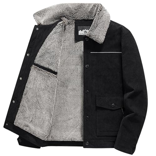 RENHE ボアジャケット メンズ コーデュロイジャケット 防寒 冬服アウター フリースジャケット 大きいサイズ 裏起毛 もこもこ ボアコート ラムウール ゆったり 無地 防風 防寒 厚手 暖かい ブラック 2XLサイズ