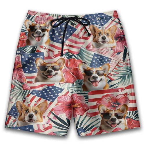 Tropical Dog Mens Swim Trunks - US Patriot Hawaiian Mens Shorts Casual, Summer Drawstring Beachwear Shorts