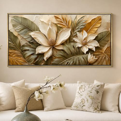 Image of PAPER PLANE DESIGN Modern Floral Wall Art with Vintage Gold Floating Frame, 2 x 4 Feet Ready to Hang Canvas Art for Bedroom Office - FLR-084