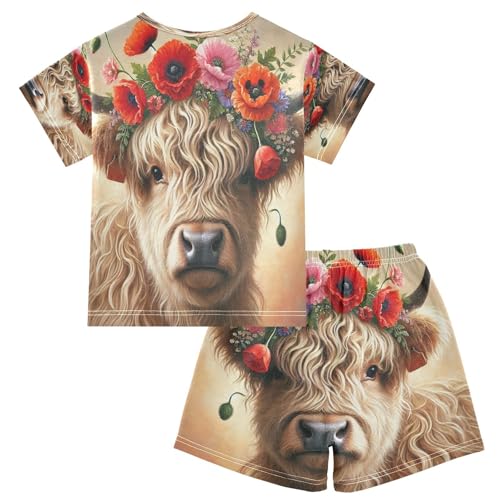 Highland Cow Wildflowers Pajama Set Short Sleeve Summer Pajamas Shorts Sets PJ Clothes Set Soft 5Y2