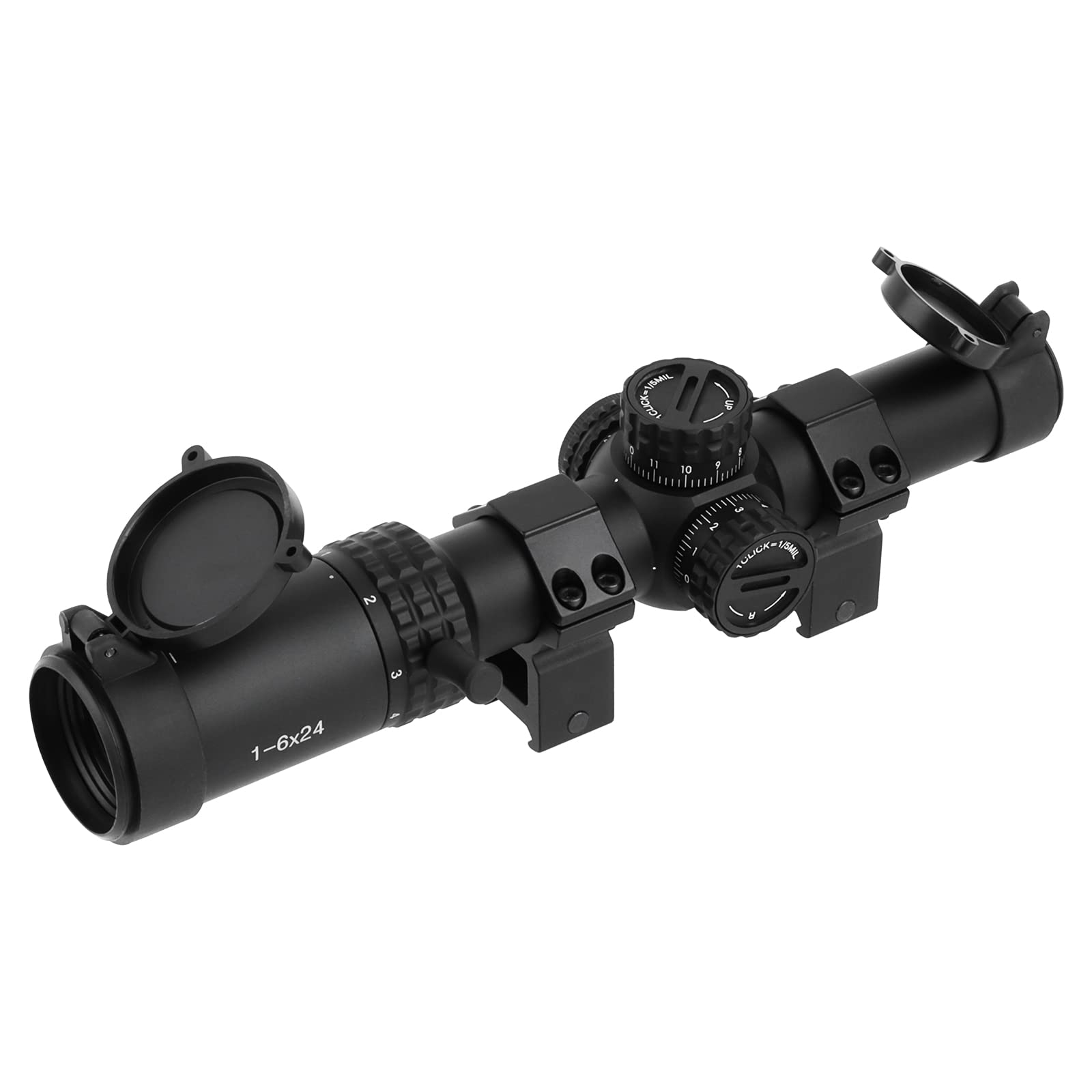 1-6x24 Scope View Finder, réticule MIL Rouge/Vert, avec couvercles d'objectif rabattables et Anneaux de Montage 20 mm 11 mm, antibuée, étanche, Antichoc