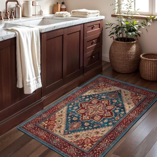 Image of Tangsoo Oriental 2x3 Washable Rugs for Entryway Non Slip Small Rug Red Blue