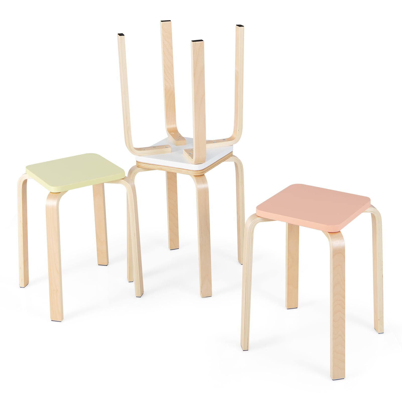 COSTWAY Stackable Wooden Stools Set of 4, Portable 18-Inch Height Backless School Chairs with Square Top, Anti-Slip Felt Mats, Stacking Stools for