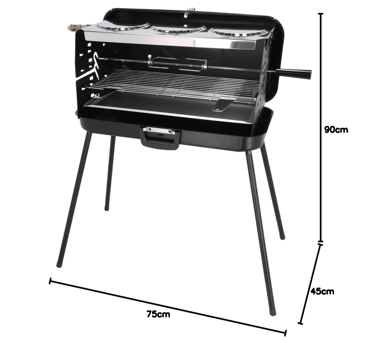 BERGER Camping Gasgrill Klappbar | Tragbarer Koffergrill mit 3 Brenner | 50 mbar für schnelles Kochen | 3 Kochstellen & ein Grillspieß inklusive | Windgeschützter Camping & Balkon Grill