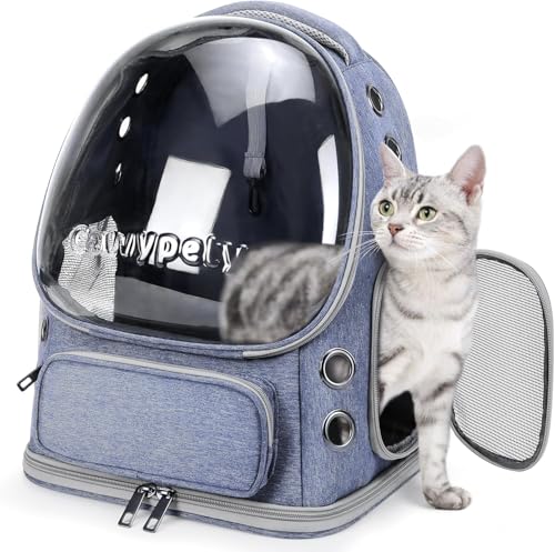 Image of Cawypety Cat Backpack Carrier, Breathable Cat Carrier Pet Backpack for Kitty Small Dog Up to 15Lbs, Transparent & Foldable Pet Carrier for Travel Hiking (Blue., M)