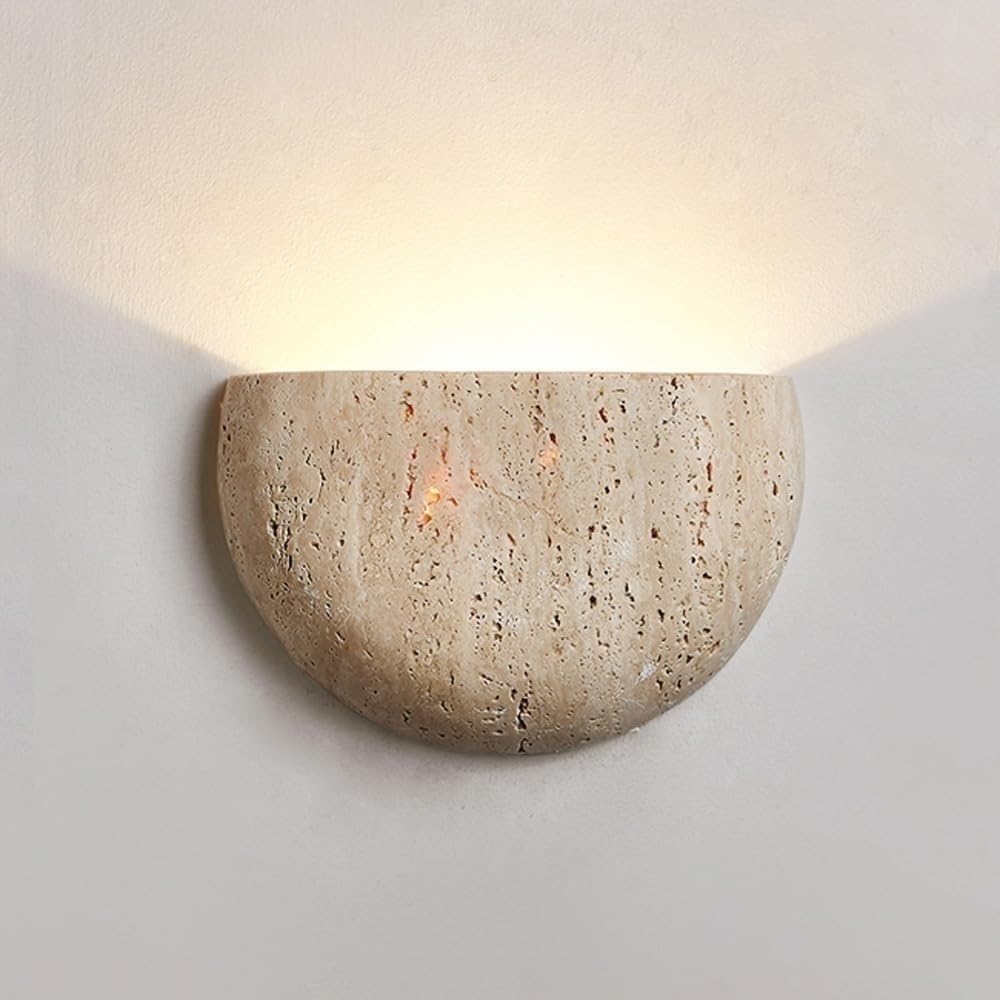 NHPJFDC Natural Travertine Stone Wall Sconce Modern Minimalist Half Moon Semicircle Wall Lamp for Living Room Bedroom Hallway Staircase Textured Beige Stone Light G4 Base 3 Color Dimmable