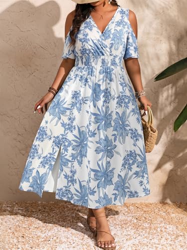 Image of Floerns Women's Plus Size Cold Shoulder Tropical Print V Neck Flared A Line Long Dress