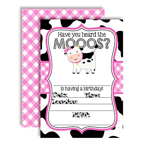 Heard The Moos Pink Cow-Themed Birthday Party Invitations for Kids, 20 5"x7" Fill