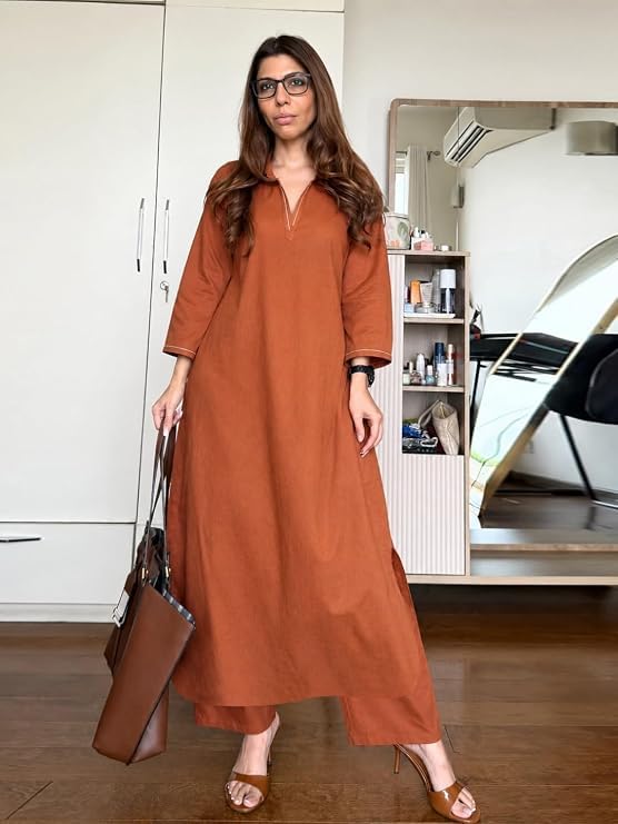 Image of ANNI Designer Cotton Blend Solid Straight Kurta with Palazzo for Women | Cotton Blend Rust | 3 /4 Sleeve | Shirt Collar | Ethnic Wear Casual Wear