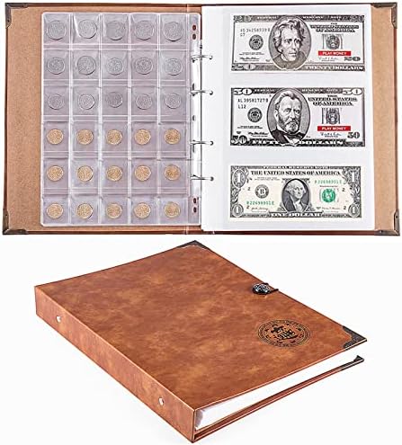Ettonsun Leather 150 Pockets Coin Collecting Holder Album, 240 Pockets Paper Money Currency Colletion Supplies Holders, Large Storage Book for Collectors, Bill Commemorative Coins Foreign Currency