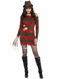 Women's Nightmare Ms. Krueger Halloween Costume | Elm Street Dream Stalker Tattered Freddy Dress with Glove, Hat