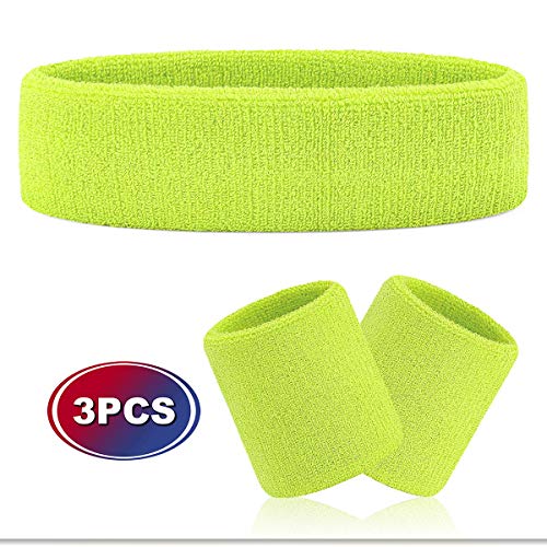 VENI MASEE - Juego de muñequeras y cinta para el pelo de felpa; absorben el sudor mientras se practica deporte, muñequeras y cinta deportivas, A3 verde amarillo (1 diadema+2 pulseras).