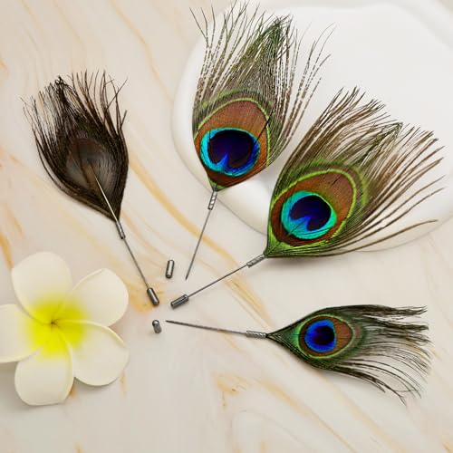 Image of RechicGu 4x Peacock Feather Brooch Pin Set - Black, Vintage Feather Brooch Badge for Western Cowboy Hats, Costumes, Hair Accessories, Lapel Stick Pin