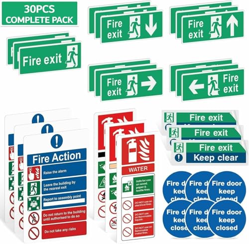 Rubigo 30PK/58PK Fire Exit Signs (RIGHT LEFT UP DOWN ARROW) Keep Clear 30 X 10cm Fire Action Notice Extinguisher Signs Keep Shut Self Adhesive Vinyl Sticker Emergency Exit Door Signage (30pk)