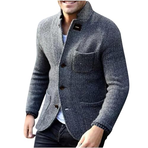 Mens Fashion Blazers Sweaters Knitted Button Down Stand Collar Cardigan Casual Long Sleeve Formal Sweater with Pockets