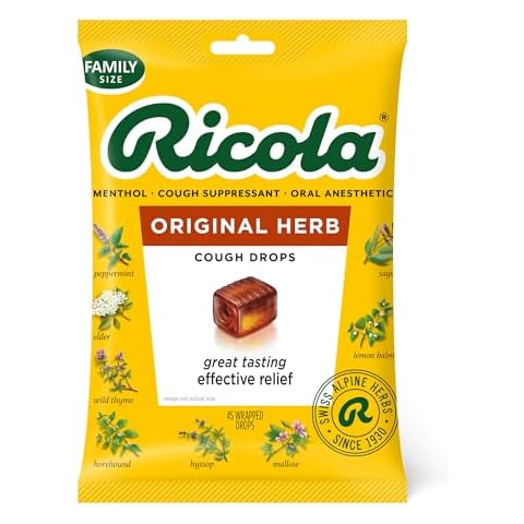 Ricola Original Herb Cough Drops, 45 Count, Cough Suppressant & Throat Relieving Drops with Naturally Sourced Menthol, Pleasing Herbal Taste for Coughs & Throat Irritation Symptom Relief Cover