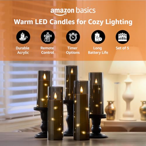 Image of Amazon Basics LED Flameless Candles with String Light Effect Set of 5 (2 Pcs of 5.5x14 cm , 5.5x16, 5.5x18cm, 5.5x20 CM), Grey Acrylic material, Ivory Pillars, Steady Warm Light, Remote & Timer, Battery Operated Indoor Decor