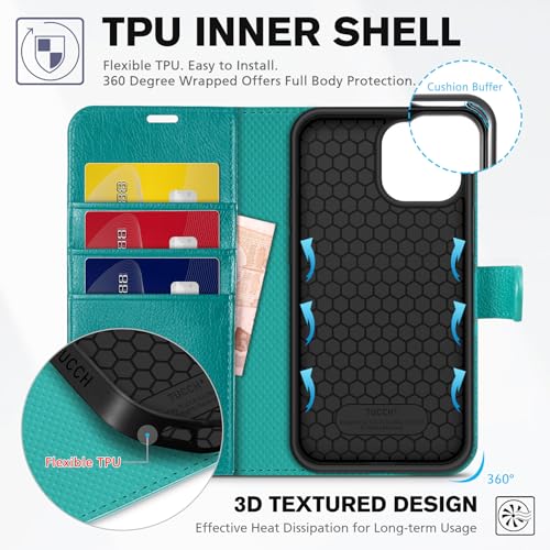 Image of TUCCH Wallet Case for iPhone 13 (6.1 inch) 2021, 3 Card Holders, Cyan | RFID Blocking, Viewing Stand, Shockproof TPU Shell, PU Leather, Magnetic Closure, Protective Folio Flip Cover