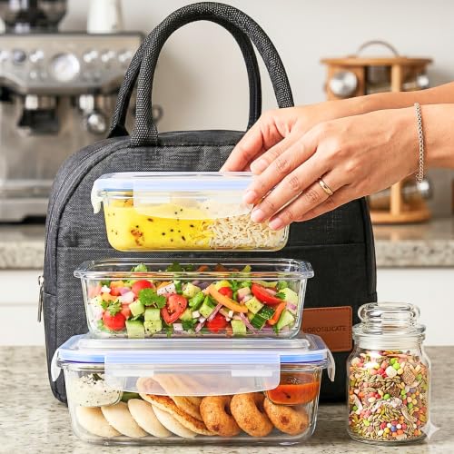 Image of Altitude Borosilicate Glass Lunch Box Set with Bag & Jar, Set of 3 Leakproof Airtight Glass Food Storage Containers 370ml 640ml 1040ml, Microwave Oven Freezer Dishwasher Safe Tiffin Box