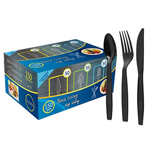 150Stück Wiederverwendbaren PlastikBesteck Set BPA Frei Bestanden LFGB 50 plastikgabeln Messer und PlastikLöffel für Familienfeiern Outdoor Dinner(schwarz)
