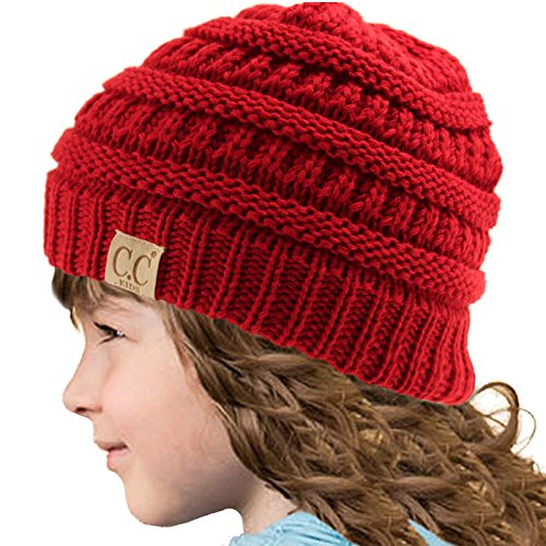 Kids Ages 2-7 Warm Chunky Thick Stretchy Knit Slouch Beanie Skull Hat Red2