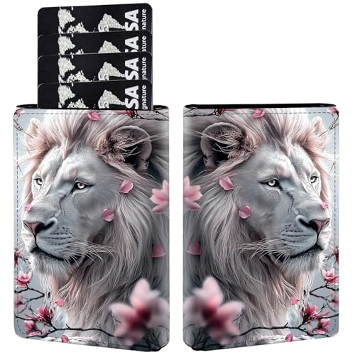 Pop Up Wallet Women Men with Money Slot,RFID Blocking Leather Minimalist Automatic Credit Card Holder Business Trifold Card Case-Cherry Blossom Lion