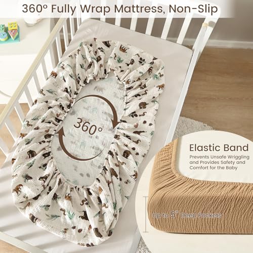 Image of david's kids Muslin Mini Crib Sheets, 2 Pack Cotton Pack N Play Sheets for Boys, Soft Breathable Baby Sheets Fit Pack N Play, Playard and Mini Crib Mattresses, Woodland Animal