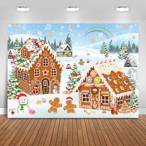 Mocsicka Christmas Gingerbread House Backdrop Xmas Gingerbread Banner Candyland Winter Christmas Scene Xmas Party Decorations Photography Background