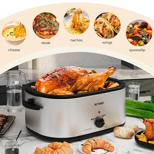 Image of 28Qt Electric Roaster Oven, with Self-Basting Lid, Removable Pan, Cool-Touch Handles, 1450W Stainless Steel Turkey Roaster Oven, Silver