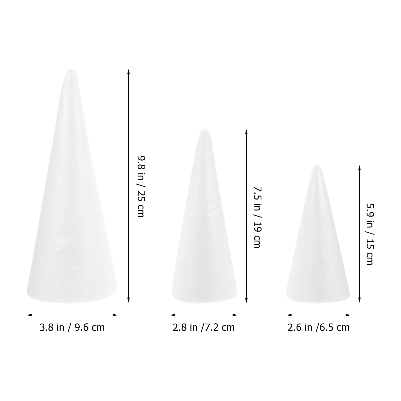 ERINGOGO 15 conos de poliestireno, modelos de árbol de Navidad para manualidades, suministros para manualidades, 3 tamaños diferentes