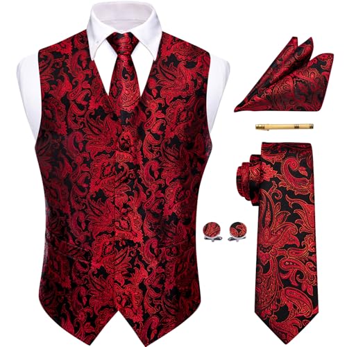 Mens Victorian Vest Tie Set Silk Paisley Suit Vests Formal Waistcoat Gothic Steampunk Vest with Notched Lapels