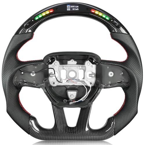 Tesfeel Steering Wheel,Carbon Fiber Steering Wheel D-shaped Flat-bottom with LED Shift Indicator for Dodge Charger/Challenger/Durango/Jeep Grand Cherokee/SXT/GT/RT/SRT/For Heallcat 2015-2024