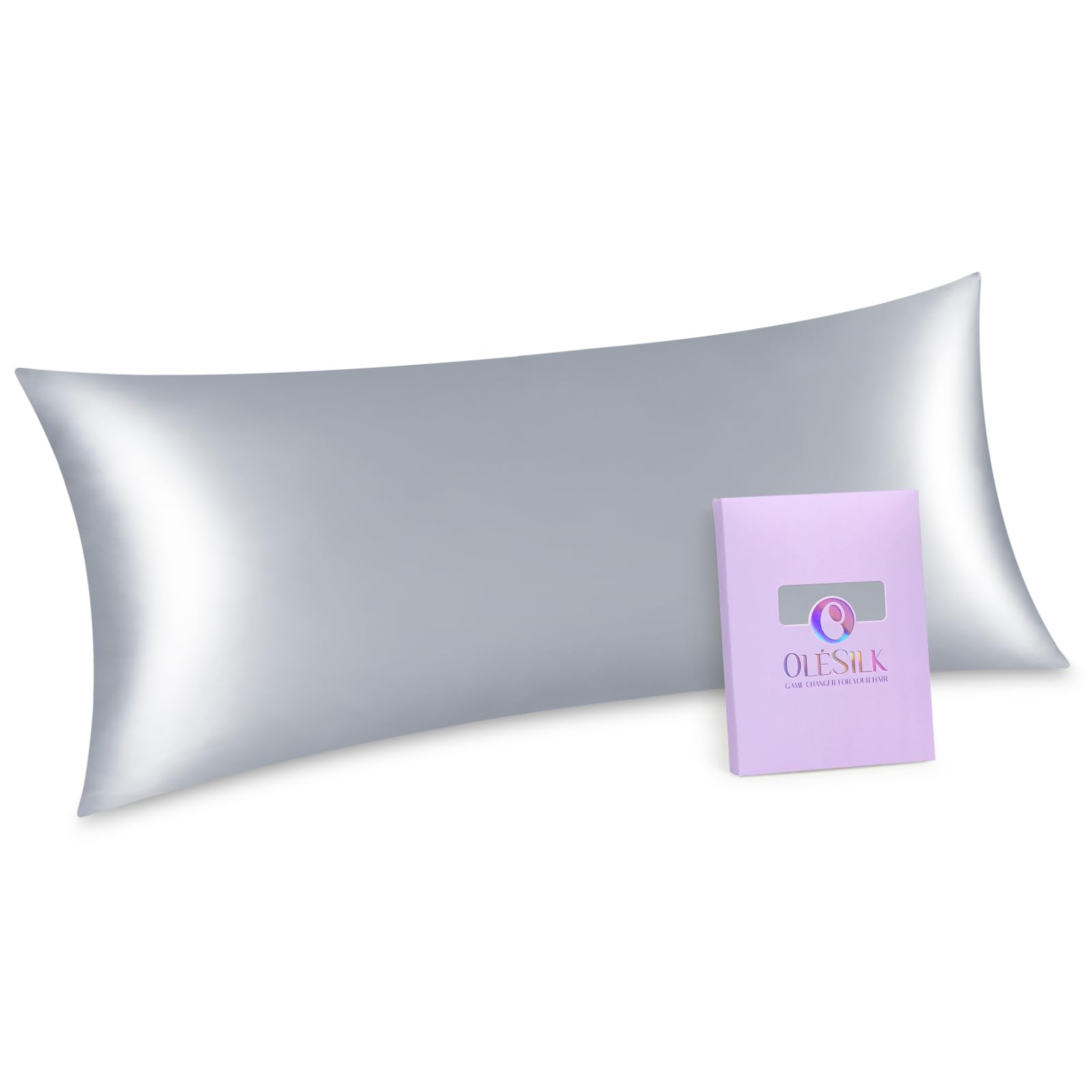 OLESILK Funda de almohada de seda para cabello y piel, 20 x 54 cm, con cremallera oculta, seda lateral para mujer, gris plateado