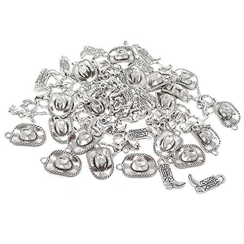 Honbay 60PCS Antique Silver Alloy Western Cowboy Charms Pendants Cowboy Boot Horse Hat Charms for Earrings Bracelet Necklace Jewelry Making (3 Style, 20 of Each)