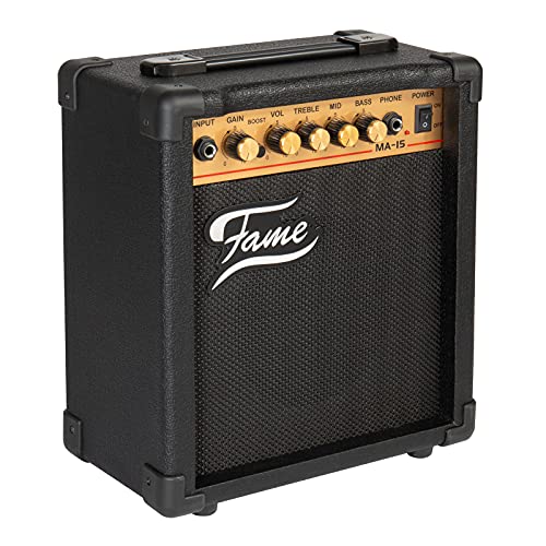 Fame MA-15 Transistor Combo Verstärker für E-Gitarre, 15 Watt, 1x6,5 Zoll Lautsprecher, 3-Band Equalizer, Overdrive-Sounds Boost-Schalter, Kopfhöreranschluss, Ideal für...