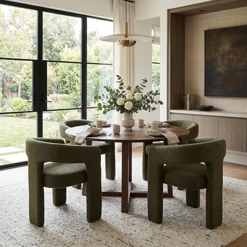 Image of HNY Modern Barrel Kitchen & Dining Room Chairs Set of 4, Sherpa Upholstered Accent Chairs with Arm, 18.5'' Wide Side Armchairs Vanity Chairs for Living Room Bedroom Makeup Small Spaces, Green