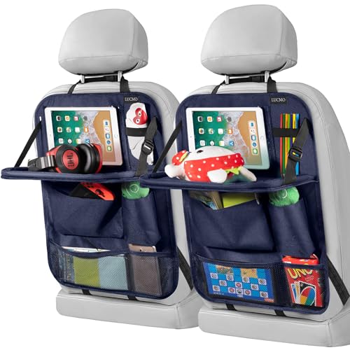 Image of LUCMO Car Backseat Organizer with Foldable Tablet Holder, Dark Blue | 2 Pcs,6 Storage Pockets,Foldable Food Tray,Protectors Kick Mats,Travel Accessories,Seat Cover,Road Trip Essentials