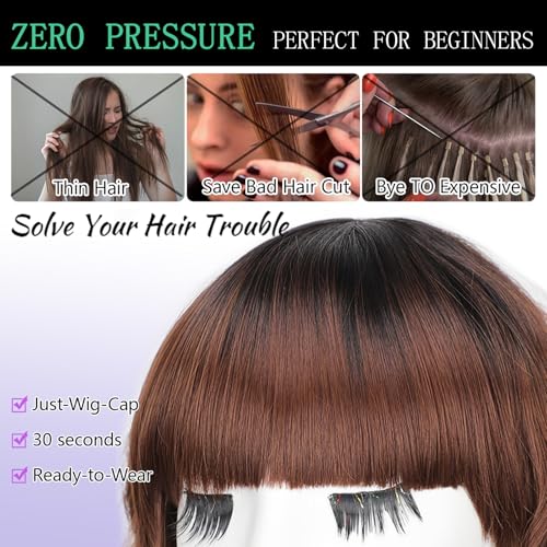 Image of AISI HAIR Synthetic Wavy Curly Bob Wig with Bangs Dark Roots with Chestnut Brown Short Hair Wigs for Women Synthetic Heat Resistant Bob Wigs
