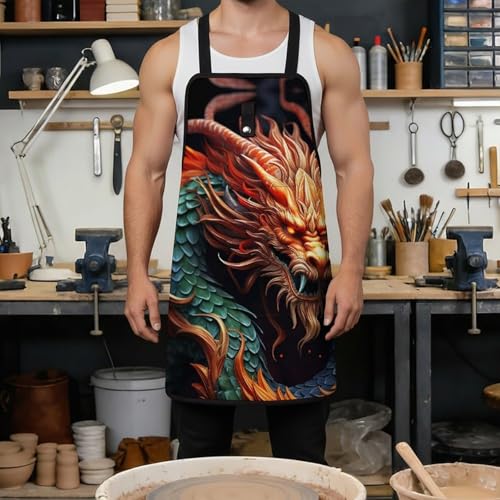 Delantal de trabajo con diseño dragón chino y bolsillos miniatura 4
