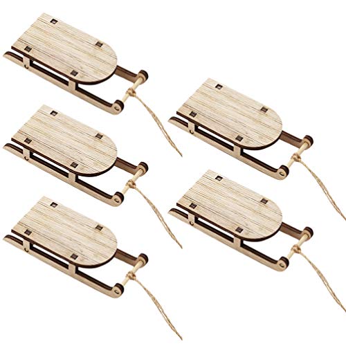 VOSAREA 5PCS Christmas Sled Ornament Miniature Wooden Sleighs Vintage Holiday Sleigh Xmas Hanging Pendant for Mantel Door Bookshelf Christmas Tree Decoration