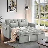 Trygoal 3 in 1 Convertible Sofa Bed, Love Seat Sleeper Bed with Side Pockets, Velvet Fabric Pull Out Couch with Adjustable Backrest for Living Room, Bedroom, Apartment, Gray