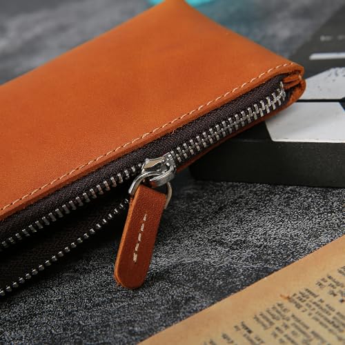 Image of Genuine Leather Pen Pouch - Elegant Handcrafted Zipper Pencil Case, Small Coin Purse, Money Bag, and Makeup Case