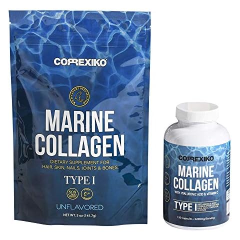 CORREXIKO Marine Collagen Supplement Pills & Powder Bundle - Includes 10,000mg Double Hydrolyzed Collagen Powder 5oz & 1800mg Collagen Peptides 120 Capsules - for Hair, Skin & Nails Cover