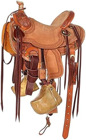 Western Horse Saddle Wade Tree A Fork Ranch Roping Work Handmade Tooled Carved Premium Leather Equestrian Trail Horse Saddle for Horse Riding Size: 10-18 inches Seat, OS37