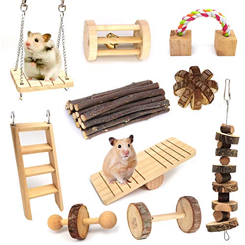 Huayao Hamster Chew Toys, Guinea Pig Bunny Chinchilla Chew Toys Rabbit Gerbil Bunny Rat Cage Accessories Rodent Pet Toys 10 Pcs,Black,00001
