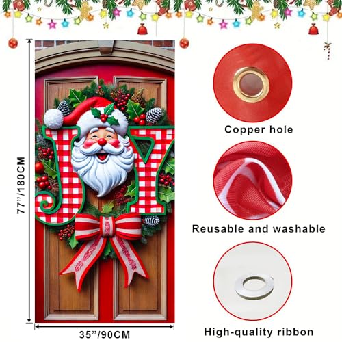 Image of JOY Sign Santa Face Red Gingham Christmas Door Cover 35x71in