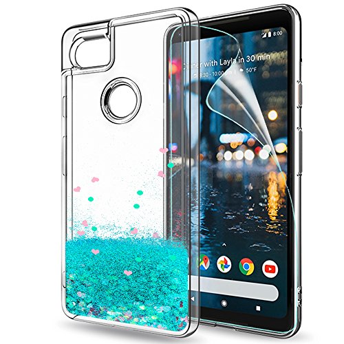 LeYi for Google Pixel 2 XL Case (Not Fit Pixel 2) with HD Screen Protector for Girls Women, Glitter Bling Sparkle Liquid Quicksand Flowing TPU Protective Cute Phone Case for Google Pixel 2XL Turquoise