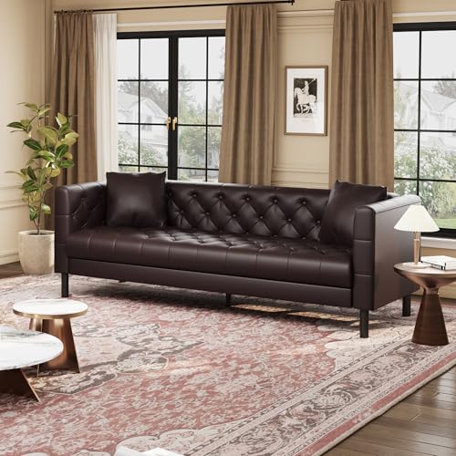 GAOMON 81" Leather Couch, Handmade Button Tufted 3 Seater Sofa, Chesterfield Sofa with Deep Seat and 2 Pillows, Leather Sofa for Living Room Apartment, Office, Dark Brown - Image 7