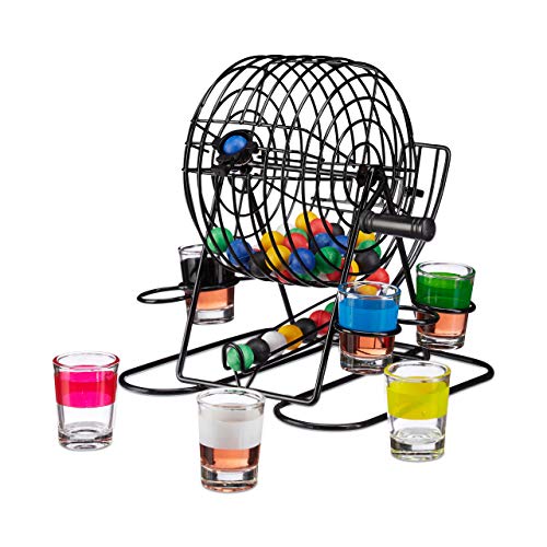 Jeu de cage de bingo avec manivelle et 6 verres à shot Relaxdays